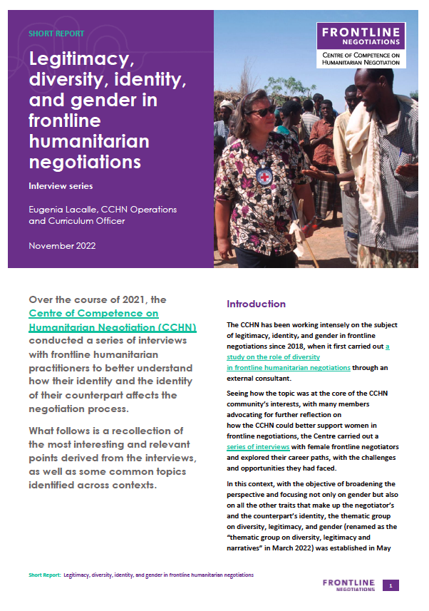 Courte page de couverture rapport . Légitimité, diversité, identité et genre dans les négociations humanitaires de première ligne.