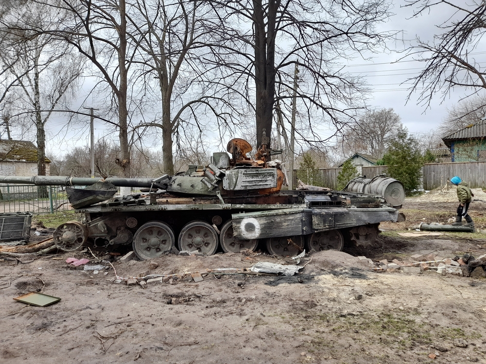 A destroyed tank in Chernihiv Oblast, Ukraine.