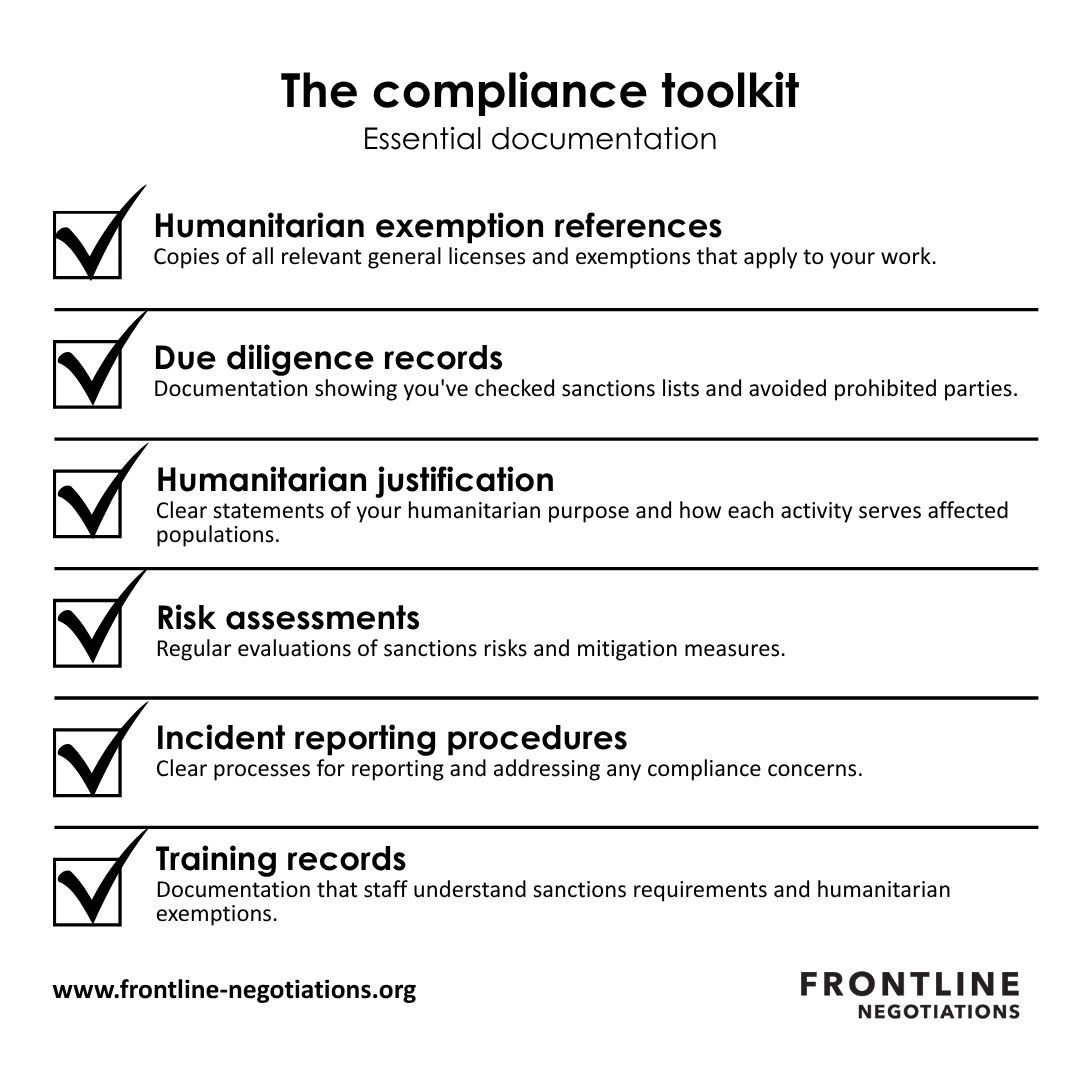 Compliance toolkit: Essential documentation Effective compliance in sanctioned environments requires systematic documentation. Essential elements include: Humanitarian exemption references: Copies of all relevant general licenses and exemptions that apply to your work. Due diligence records: Documentation showing you've checked sanctions lists and avoided prohibited parties. Humanitarian justification: Clear statements of your humanitarian purpose and how each activity serves affected populations. Risk assessments: Regular evaluations of sanctions risks and mitigation measures. Incident reporting procedures: Clear processes for reporting and addressing any compliance concerns. Training records: Documentation that staff understand sanctions requirements and humanitarian exemptions.