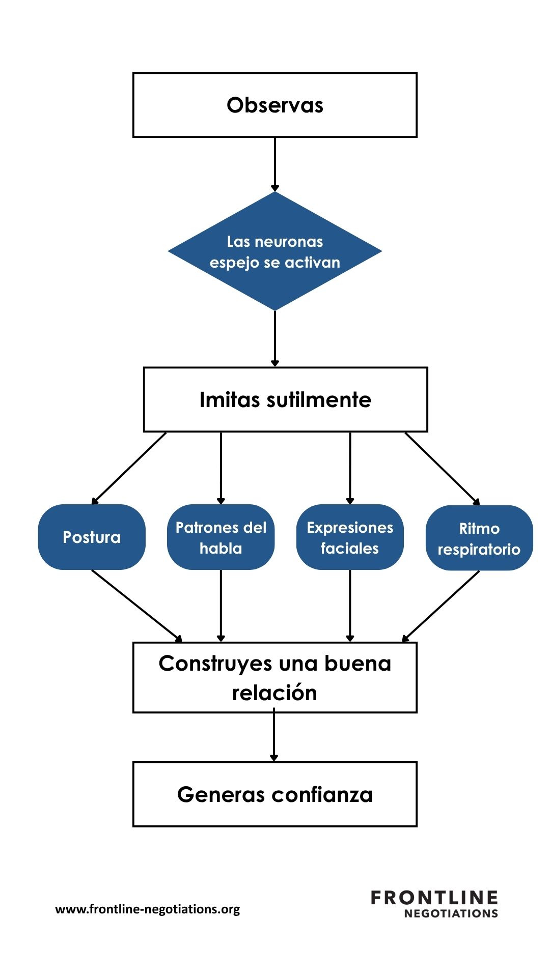 Los estudios demuestran que los seres humanos recurren al mimetismo inconsciente cuando quieren establecer una relación con los demás. Para ello, empieza por observar el comportamiento de tu contraparte. Tus neuronas espejo se activarán y podrás imitar sutilmente su postura, su forma de hablar o incluso su ritmo respiratorio. Utiliza el reflejo para establecer una buena relación y generar confianza.