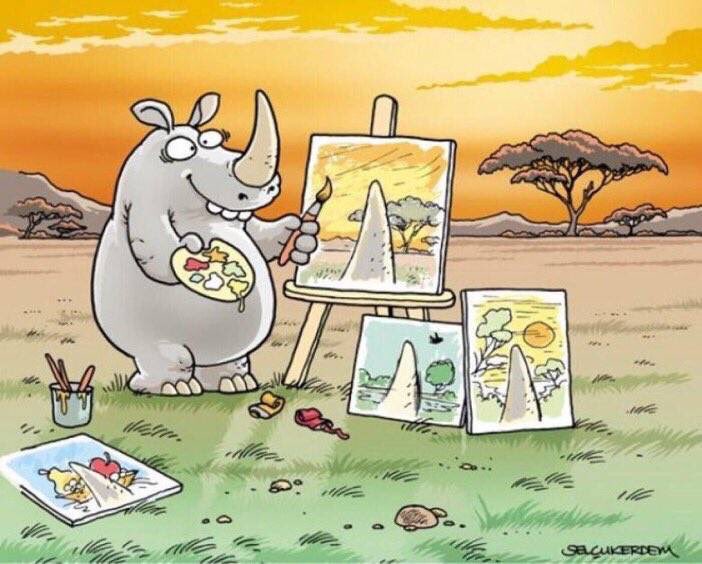 A rhinoceros is doing a painting of a sunset with a horn in the middle, because that is what it sees when looking at a landscape: its horn in the middle of it.